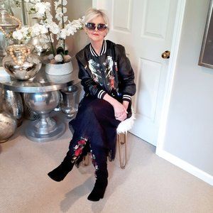 NWT / NIB Kate Spade black suede floral embroidered long boots, 6.5